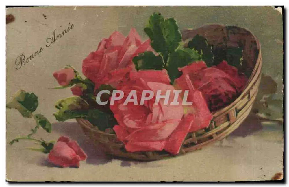 Bouquet de roses — dans un panier en osier — éditeur non visible - Awers