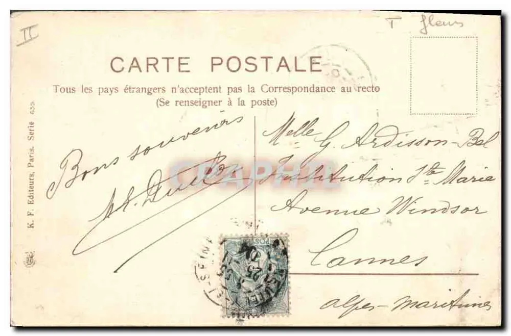 Blütenstrauß aus Frühlingblumen — Schneeglöckchen und Vergissmeinnicht — K.F. Verleger, Paris, Serie 625 - Rückseite