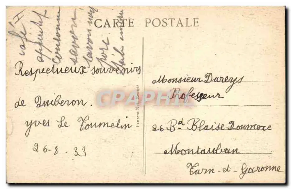 Quiberon - O Farol — Editor Laurent Néret, n° 645 - Verso