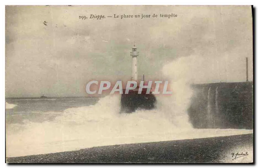 Dieppe — O farol em um dia de tempestade — F. Fauchon, n°299 - Frente