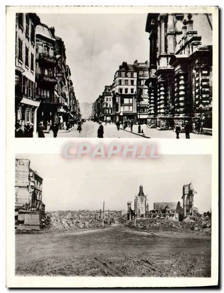 Rua da República em Lille — antes e depois da guerra — sem editor ou número de série visíveis - Frente