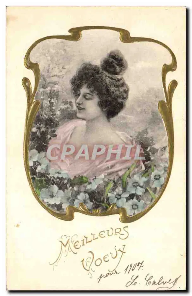 Junge Frau in einem rosa Kleid — Blumen und goldener Rahmen — L. Calvez, n° 1904 - Vorderseite