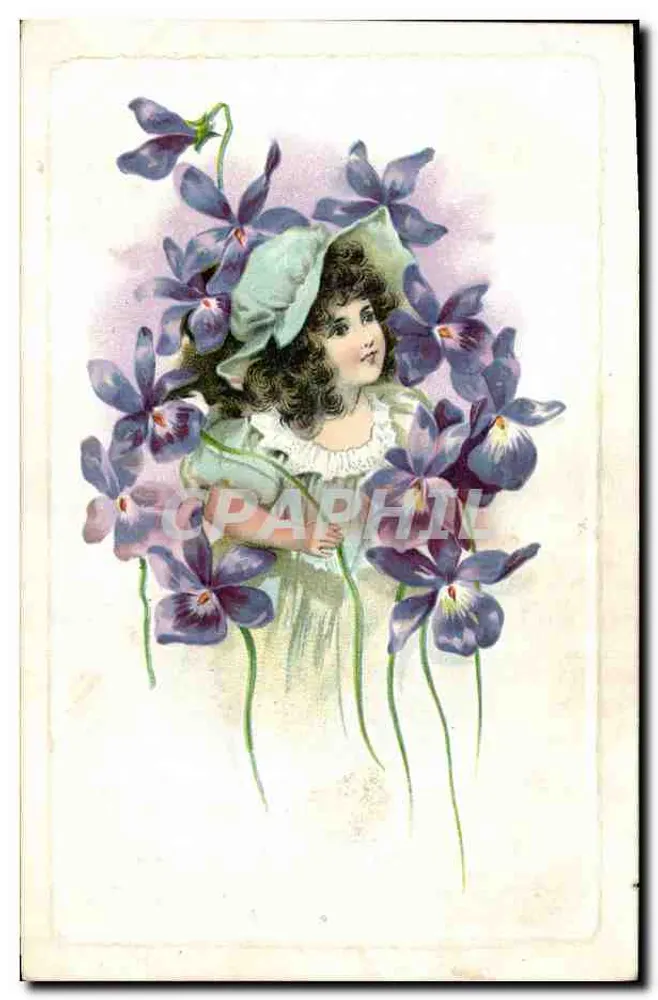 Menina cercada de violetas — editor não visível - Frente