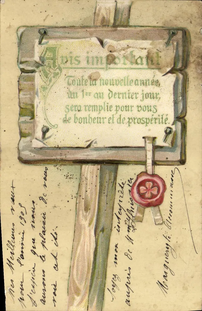 Avis important — panneau de bois avec texte de vœux — éditeur Carte Postale (verso) - Frente