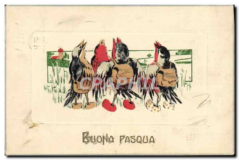 Fünf Hühner in Pilgerkleidung — Buona Pasqua — unbekannter Verlag - Vorderseite