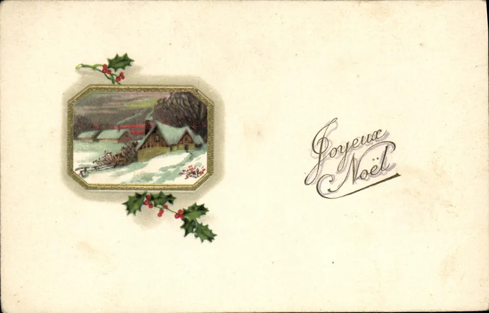 Winterlandschap — sneeuwdekte huis met slee — 'Vrolijk kerstfeest' in handschrift — gedrukt in Duitsland - Voorkant