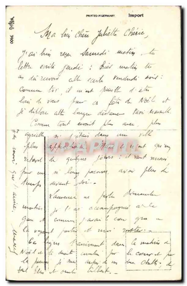 Winterlandschap — sneeuwdekte huis met slee — 'Vrolijk kerstfeest' in handschrift — gedrukt in Duitsland - Achterkant