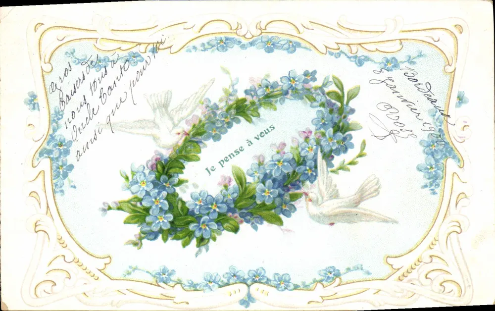 Deux colombes et couronne de fleurs — Je pense à vous — éditeur inconnu, n° de série non visible - Recto