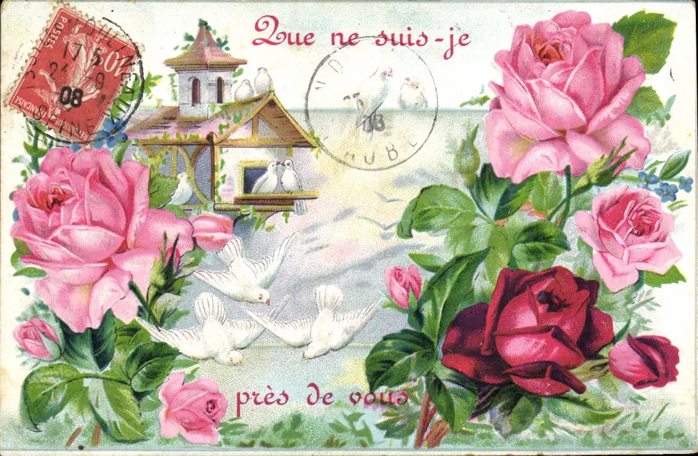 Paisagem com pombas e rosas — 'Que não estou perto de você' — editor não visível - Frente