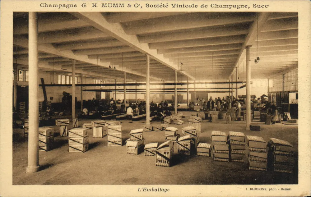 O Embalagem — Champagne G. H. MUMM & Co, Société Vinicole de Champagne, Succr — J. BLOUMINE, fotografia - Reims - Frente