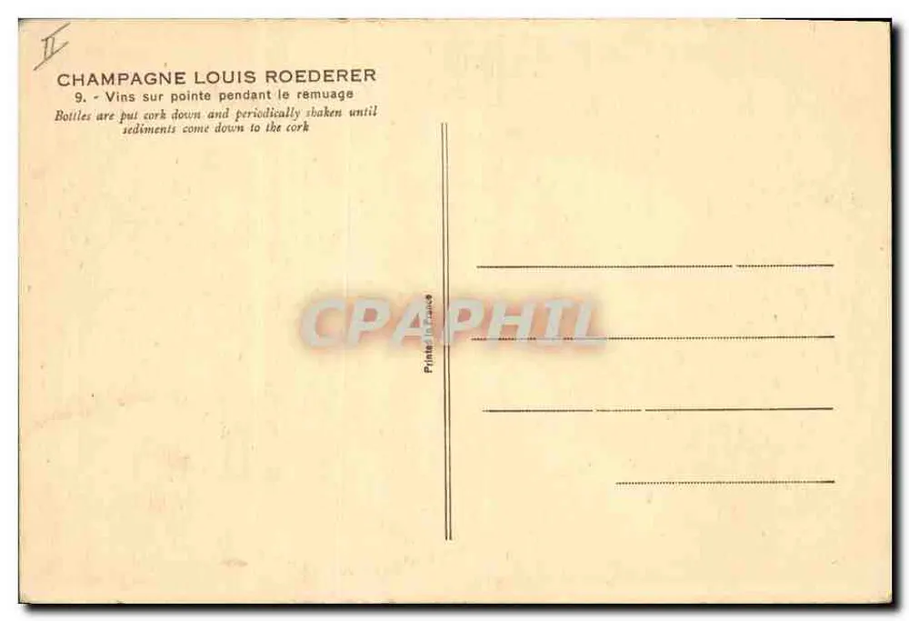 Champagne Louis Roederer — Weine auf der Spitze während des Riddlings — In Frankreich gedruckt - Rückseite