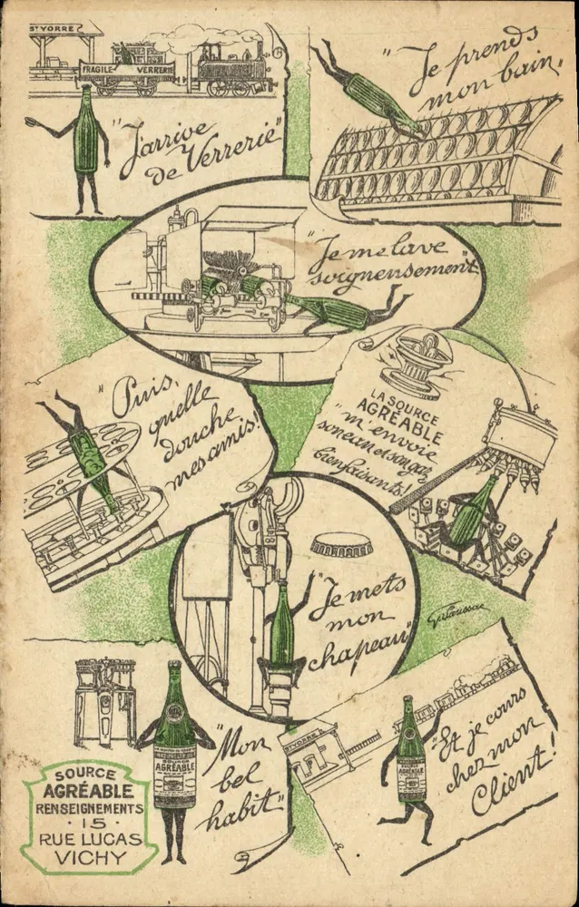 Source Agréable — Scène humoristique de la production et de la distribution d'eau minérale — éditeur SOURCE AGREABLE, RENSEIGNEMENTS 15 RUE LUCAS VICHY - Frente