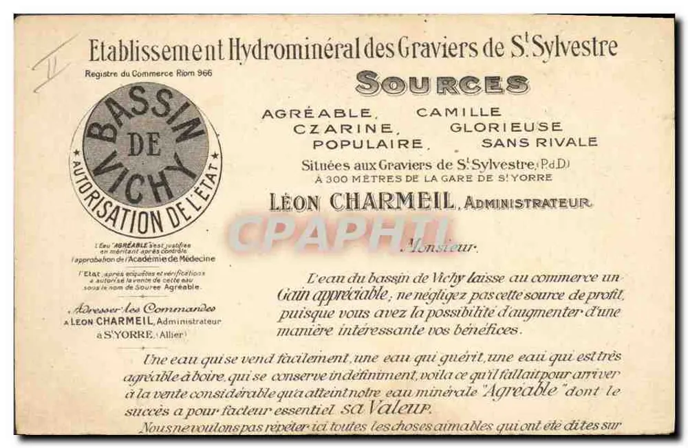 Source Agréable — Scène humoristique de la production et de la distribution d'eau minérale — éditeur SOURCE AGREABLE, RENSEIGNEMENTS 15 RUE LUCAS VICHY - Verso