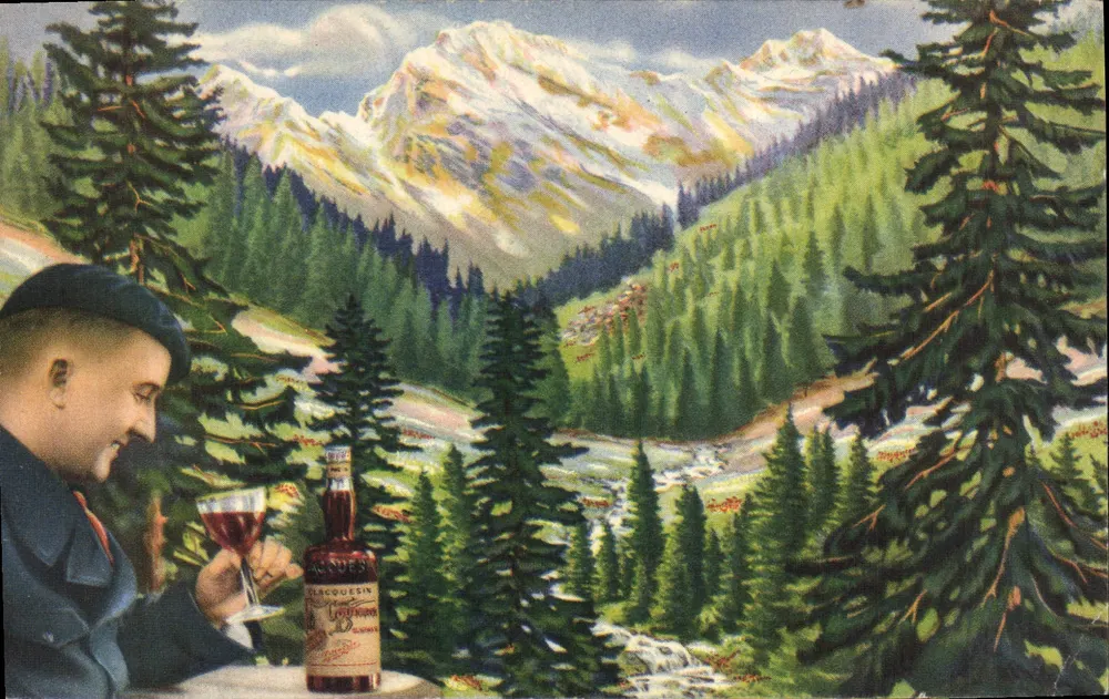 Montanhas nevadas — homem bebendo um aperitivo — publicidade Clacquesin - Frente
