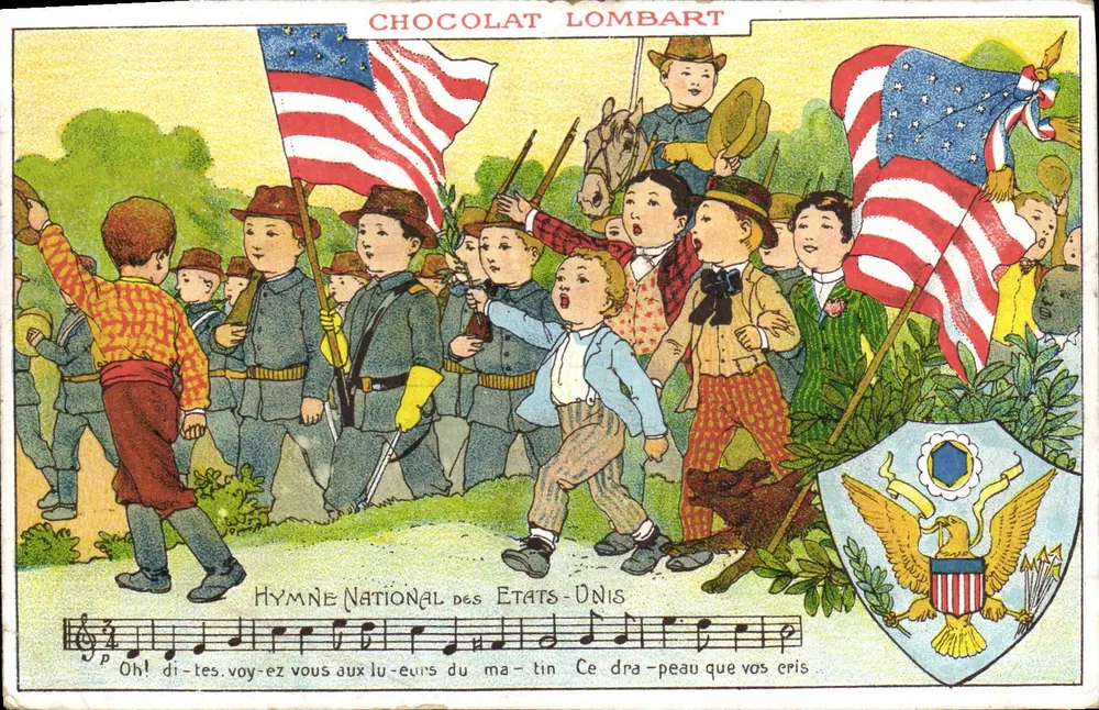 Kinder, die den Nationalhymnen der Vereinigten Staaten singen — Chocolat Lombart - Vorderseite
