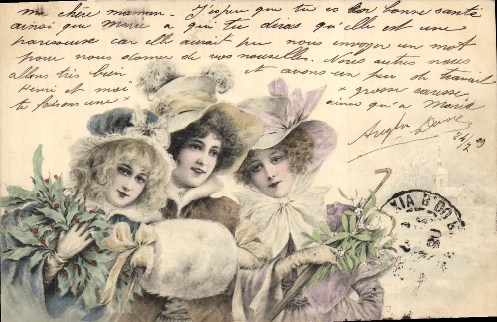 Drei junge Frauen in Winterkleidung — unbekannter Verlag — datiert um 1909 - Vorderseite