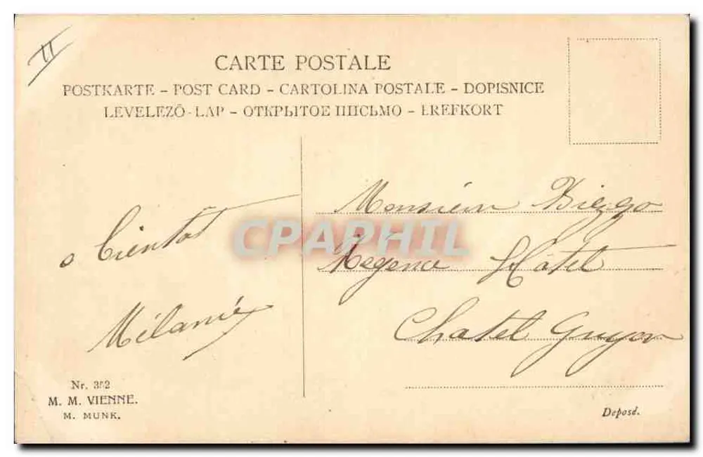 Junge Frau mit violetten Blumen — Frohe Geburtstagsgrüße! — M. M. MUNK, Wien - Rückseite