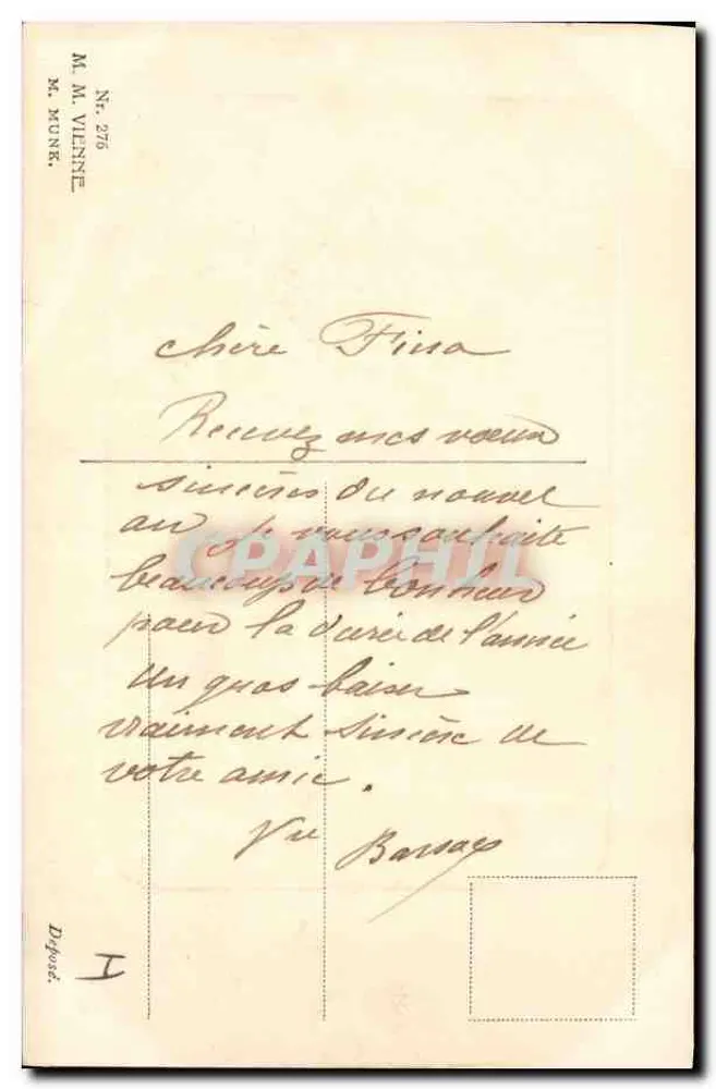 Frau in grünem Kleid mit Blumen — Frohes Neues Jahr — Verlag M.M. Vienne, Nr. 276 - Rückseite