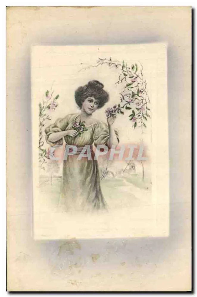 Frau in Gartenkleid — Blumen — unbekannter Verlag - Vorderseite