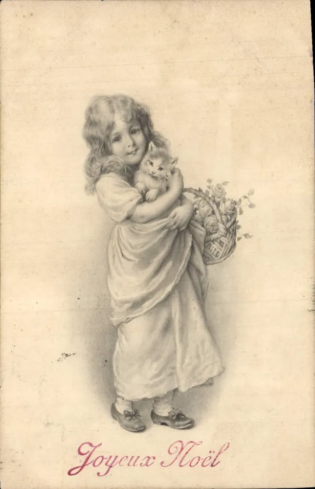 Kind mit Kätzchen und Blumenkorb — Frohe Weihnachten — M. M. Vienne, Nr. 238 - Vorderseite