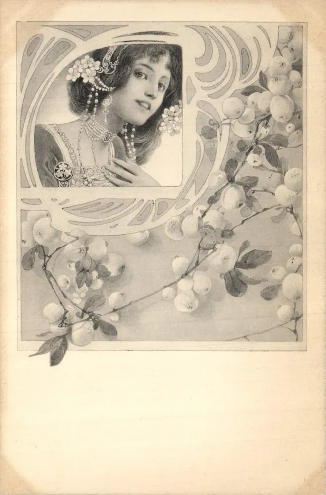 Junge Frau in einem Art Nouveau-Rahmen — Früchte und Blumen — M. M. Vienne, Nr. 100 - Vorderseite