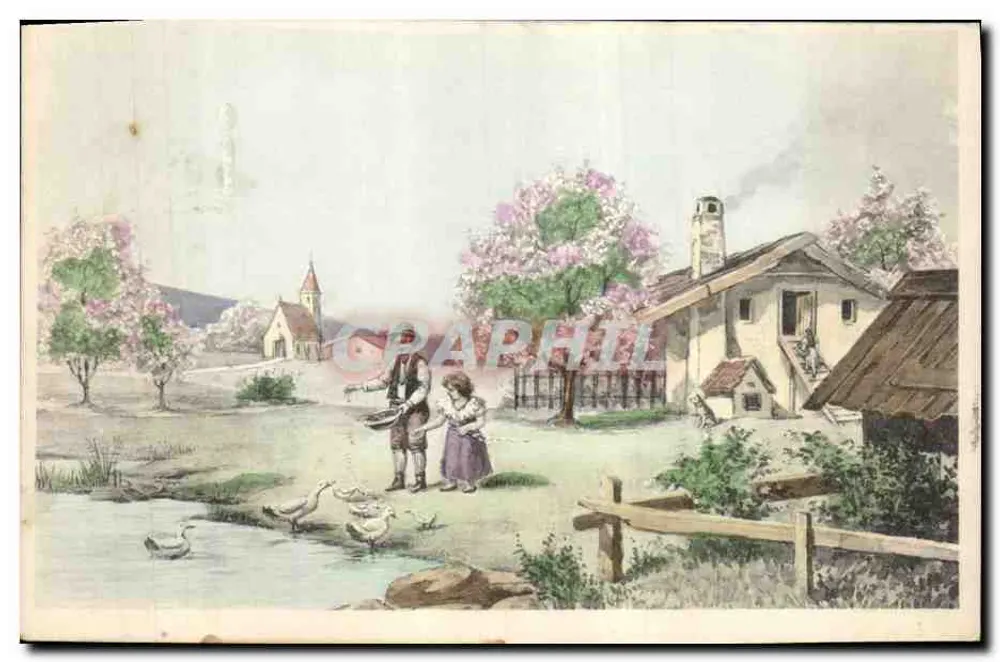 Scène de village — enfants nourrissant des canards près d'un ruisseau — éditeur non visible - Vorderseite