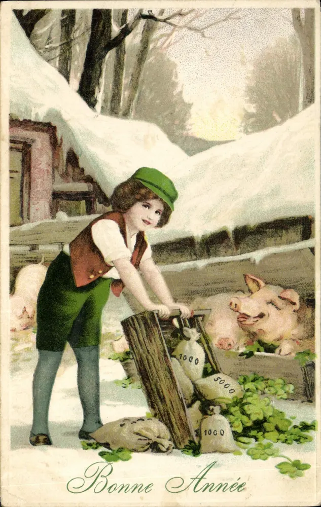 Kind mit Schweinen — Frohes Neues Jahr — Verlag nicht sichtbar - Vorderseite