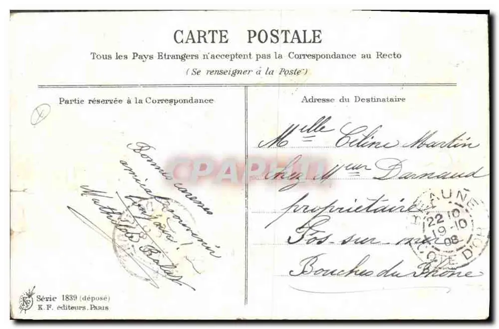 Bouquet de myosotis — cesta decorada com um laço rosa — K.F. editores, Paris, série 1839 - Verso