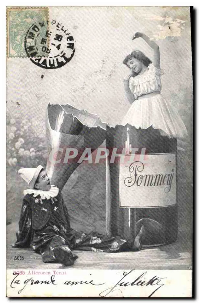 Die Große Freundin Juliette — Theater Szene mit Clowner und großem Flasche — Verlag Alterocca Terni, n° 5035 - Vorderseite