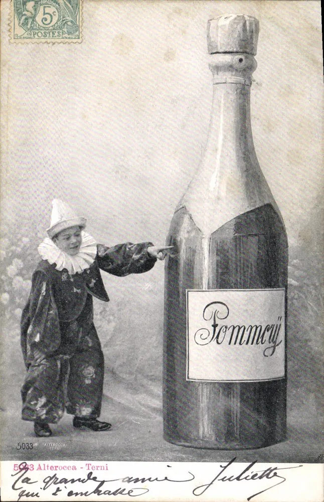 Clownspieler — vor einer riesigen Champagner-Pommeau-Flasche — Verlag Alterocca-Terni, Nr. 5033 - Vorderseite