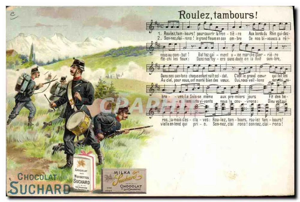 Soldats en montagne — scène de combat avec tambour — éditeur Chocolat Suchard, n°4 - Vorderseite
