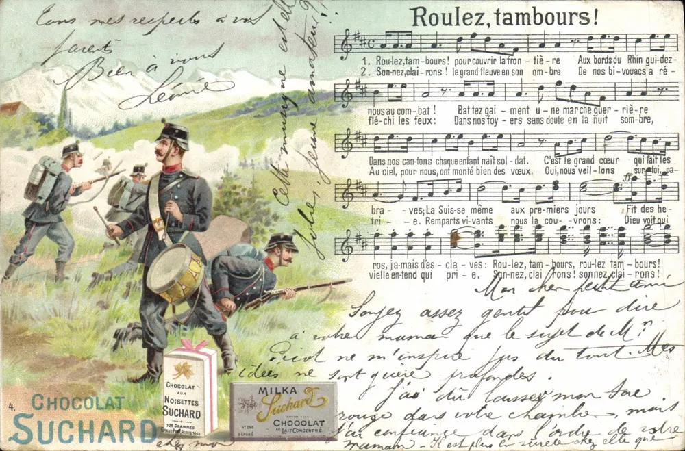 Soldaten in den Bergen — Lied 'Roulez, tambours!' — Schokolade Suchard - Vorderseite