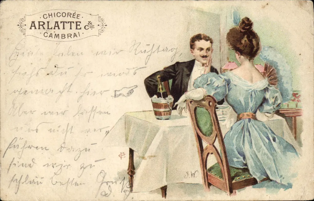 Paar im Restaurant — intime Szene — Éditeur CHICORÉE & ARLATTE & CIE, CAMBRAI - Vorderseite