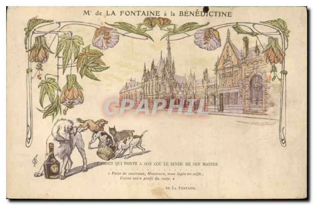 M. de La Fontaine bei der Bénédictine — Illustration mit Hunden und Flasche, Verlag DE LA FONTAINE - Vorderseite