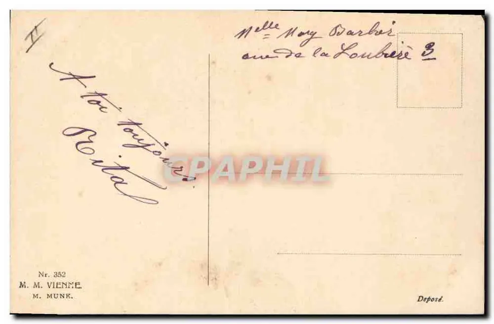 Junge Frau mit Blume im Haar — M. M. MUNK, Nr. 352 — Verlag M. M. Wien - Rückseite
