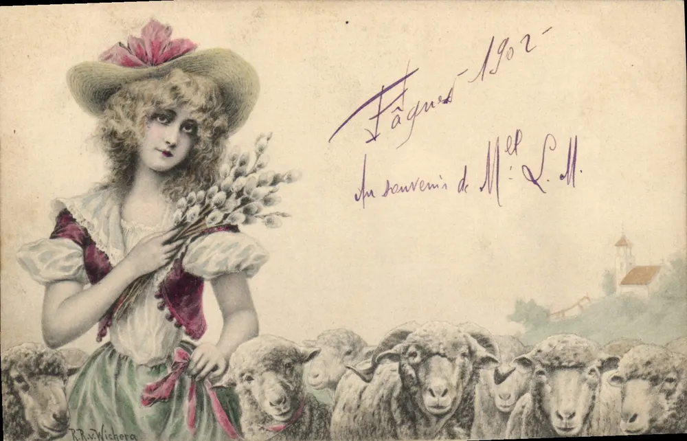 Fâques — junge Mädchen mit Schafen — R.R.Wichera - Vorderseite