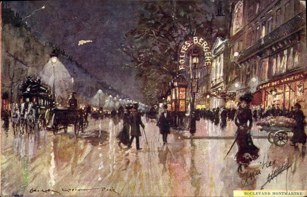 Boulevard Montmartre — nächtliche Szene vor den Folies Bergère — Verleger Georges Lepine, Paris - Vorderseite