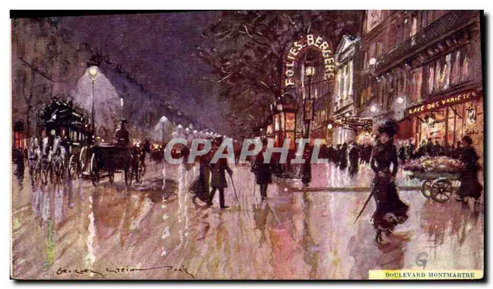 Boulevard Montmartre — nächtliche Szene mit Folies Bergère und Café des Variétés — Kupferstich von Georges Klein - Vorderseite