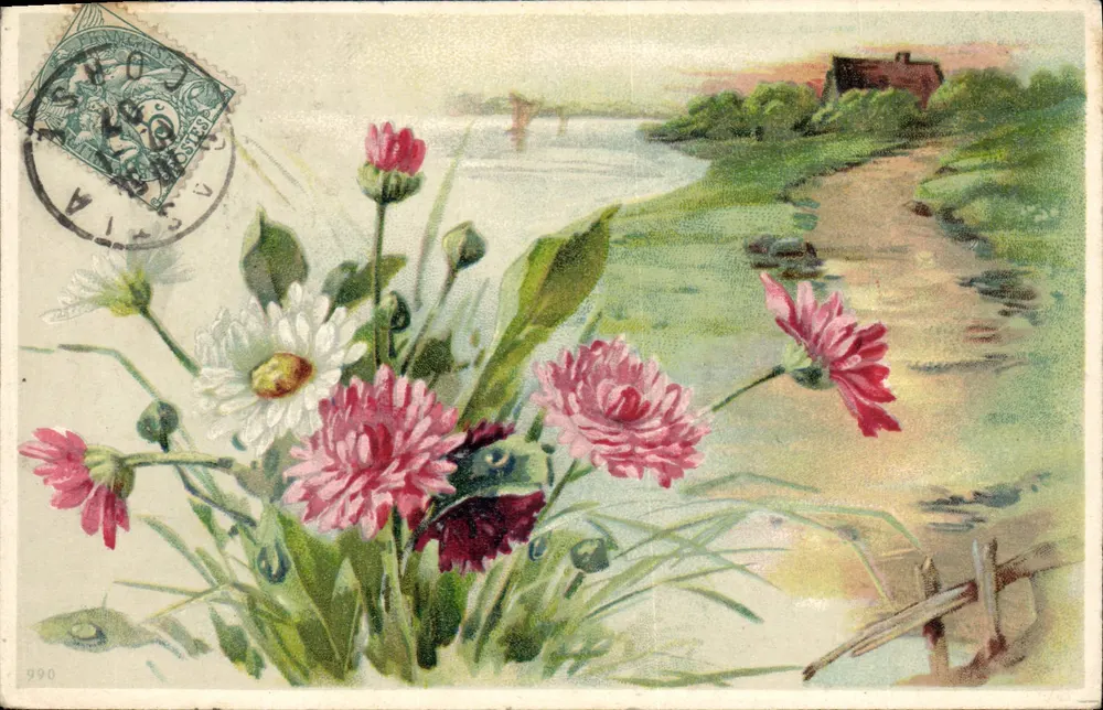 Flores ao longo de uma margem de rio — editor não identificado, n° 990 - Frente
