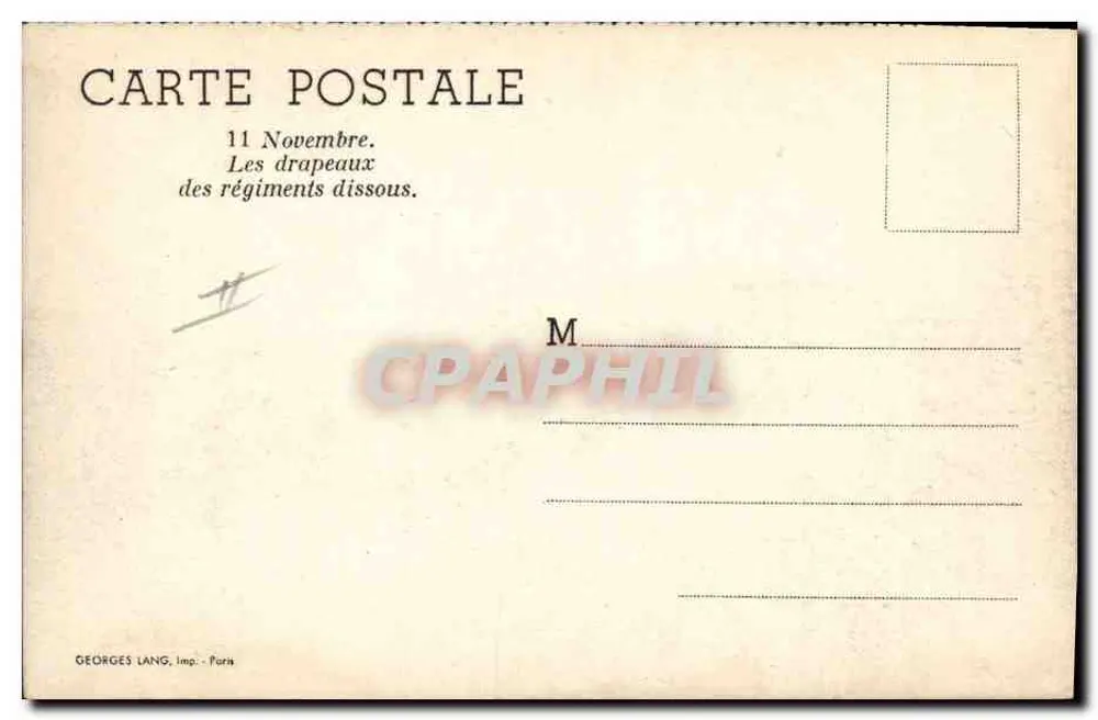 Arc de Triomphe — parade militaire avec drapeaux — Georges Lang, imp. - Paris - Verso