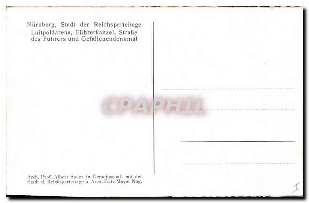 Nürnberg, Führerkanzel und Gefallenendenkmal — Arch. Prof. Albert Speer in Zusammenarbeit mit der Stadt Nbg. - Rückseite