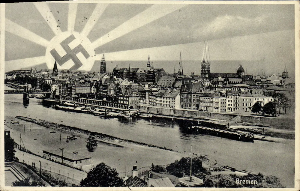 Bremen — Panoramablick auf die Stadt und den Hafen — unbekannter Verlag, Seriennummer nicht sichtbar - Vorderseite