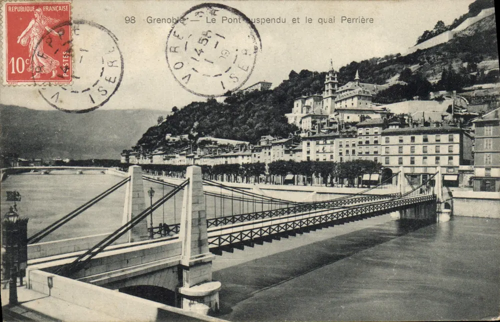 Grenoble — Der Hängebrücke und der Perrière-Kai — Papeterie des Alpes, Eug. Robert, Grenoble - Vorderseite