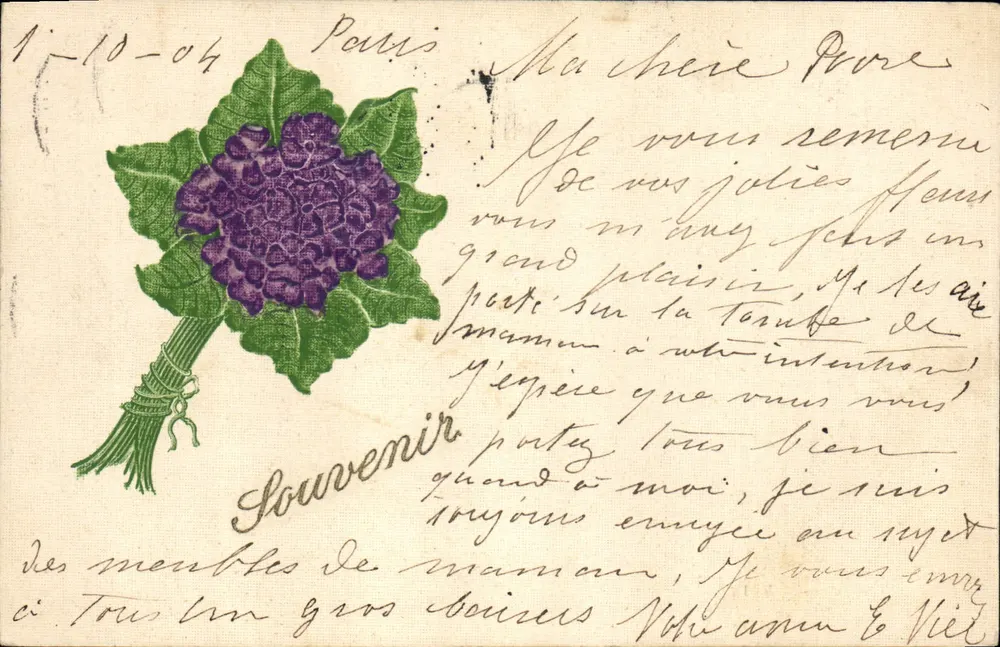 Buquê de flores violetas — Lembrete — F.-J. R. PARIS - Frente