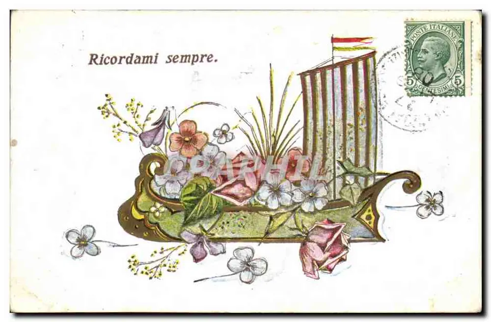 Flores e bandeira italiana — texto 'Ricordami sempre.' — Cartolina Postale Italiana - Frente