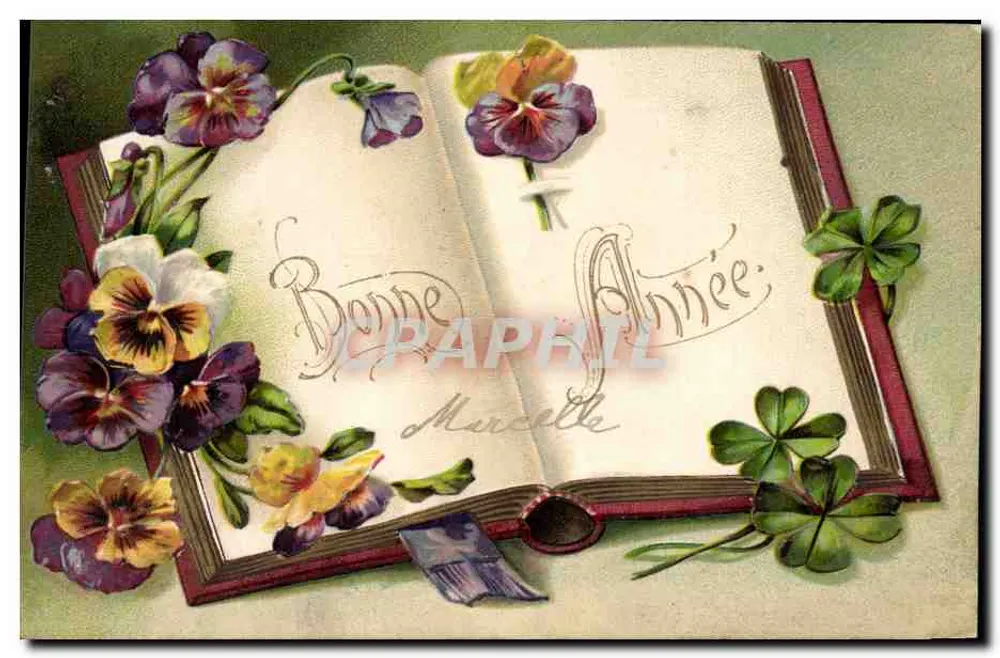 Livro aberto com flores — 'Boa Ano' — Marcelle - Frente