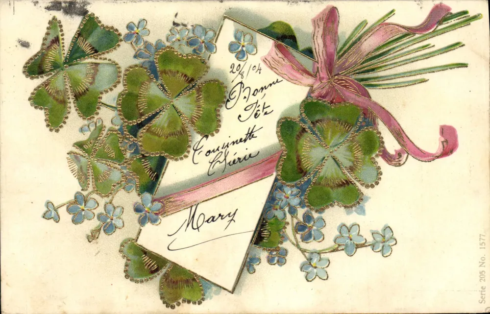 Flores e trevo — carta postal da série 205 No. 1577 — editor não visível - Frente