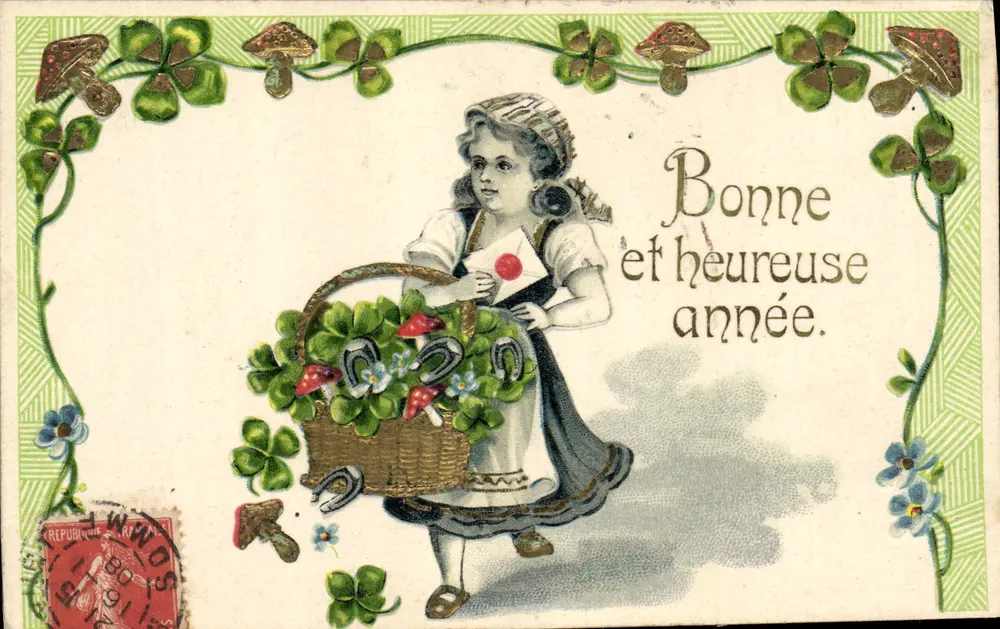 Mädchen mit Korb voller Kleeblätter — Frohe Weihnachten — Verlag unbekannt, Seriennummer nicht sichtbar - Vorderseite