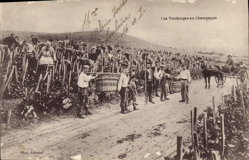 Les Vendanges en Champagne — scène de récolte dans un vignoble — éditeur Férail, Libraire - Frente