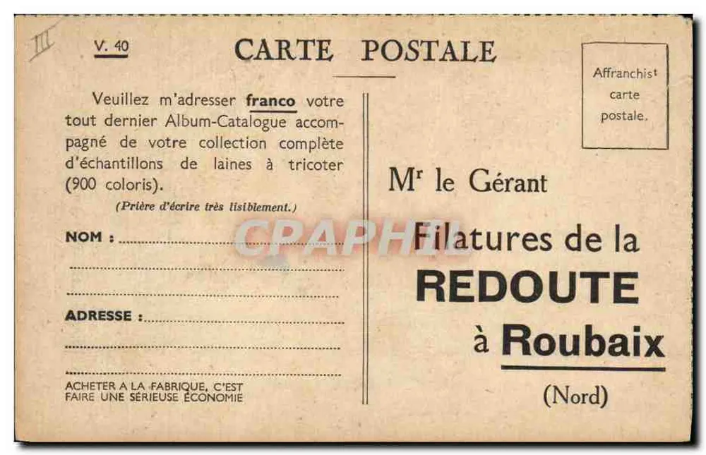 Tricoteuses : Ces beaux moutons vous apportent leur laine — Carte de l'Almanach Vermot, éditée par la Filatures de la Redoute, n° V.40 - Rückseite